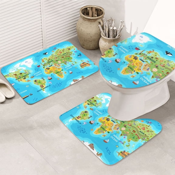 Bathroom Rugs Sets 3 Piece - World Map With Animals Landmarks Absorbent Non Slip Bath Mats, U-Shape Toilet Lid Cover, Contour Mat, Soft Washable Shower Mats Bath Rug Mat for Bathroom Tub Toilet