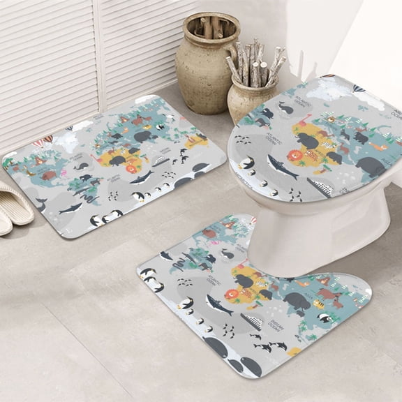 Bathroom Rugs Sets 3 Piece - World Map with Cartoon Animals Absorbent Non Slip Bath Mats, U-Shape Toilet Lid Cover, Contour Mat, Soft Washable Shower Mats Bath Rug Mat for Bathroom Tub Toilet