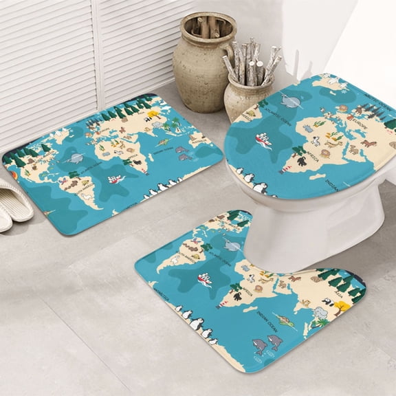 Bathroom Rugs Sets 3 Piece - World Map With Animal Absorbent Non Slip Bath Mats, U-Shape Toilet Lid Cover, Contour Mat, Soft Washable Shower Mats Bath Rug Mat for Bathroom Tub Toilet