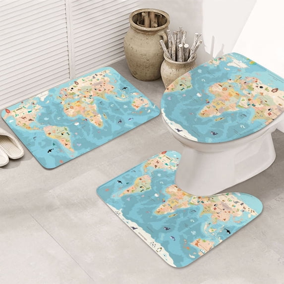 Bathroom Rugs Sets 3 Piece - World Map With Animals 1 Absorbent Non Slip Bath Mats, U-Shape Toilet Lid Cover, Contour Mat, Soft Washable Shower Mats Bath Rug Mat for Bathroom Tub Toilet