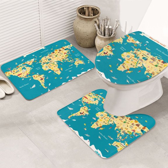 Bathroom Rugs Sets 3 Piece - World Map With Landmarks Absorbent Non Slip Bath Mats, U-Shape Toilet Lid Cover, Contour Mat, Soft Washable Shower Mats Bath Rug Mat for Bathroom Tub Toilet