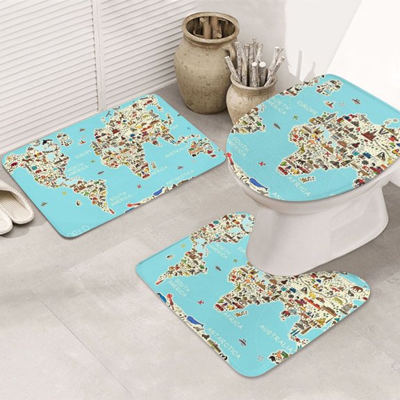 Bathroom Rugs Sets 3 Piece - World Travel Line Icons Map Absorbent Non Slip Bath Mats, U-Shape Toilet Lid Cover, Contour Mat, Soft Washable Shower Mats Bath Rug Mat for Bathroom Tub Toilet