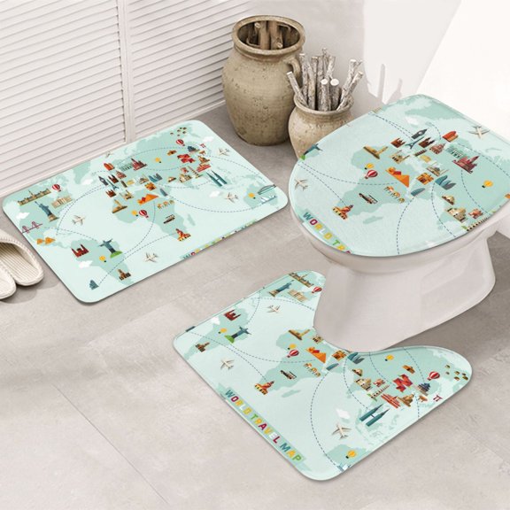Bathroom Rugs Sets 3 Piece - World Travel Map Absorbent Non Slip Bath Mats, U-Shape Toilet Lid Cover, Contour Mat, Soft Washable Shower Mats Bath Rug Mat for Bathroom Tub Toilet