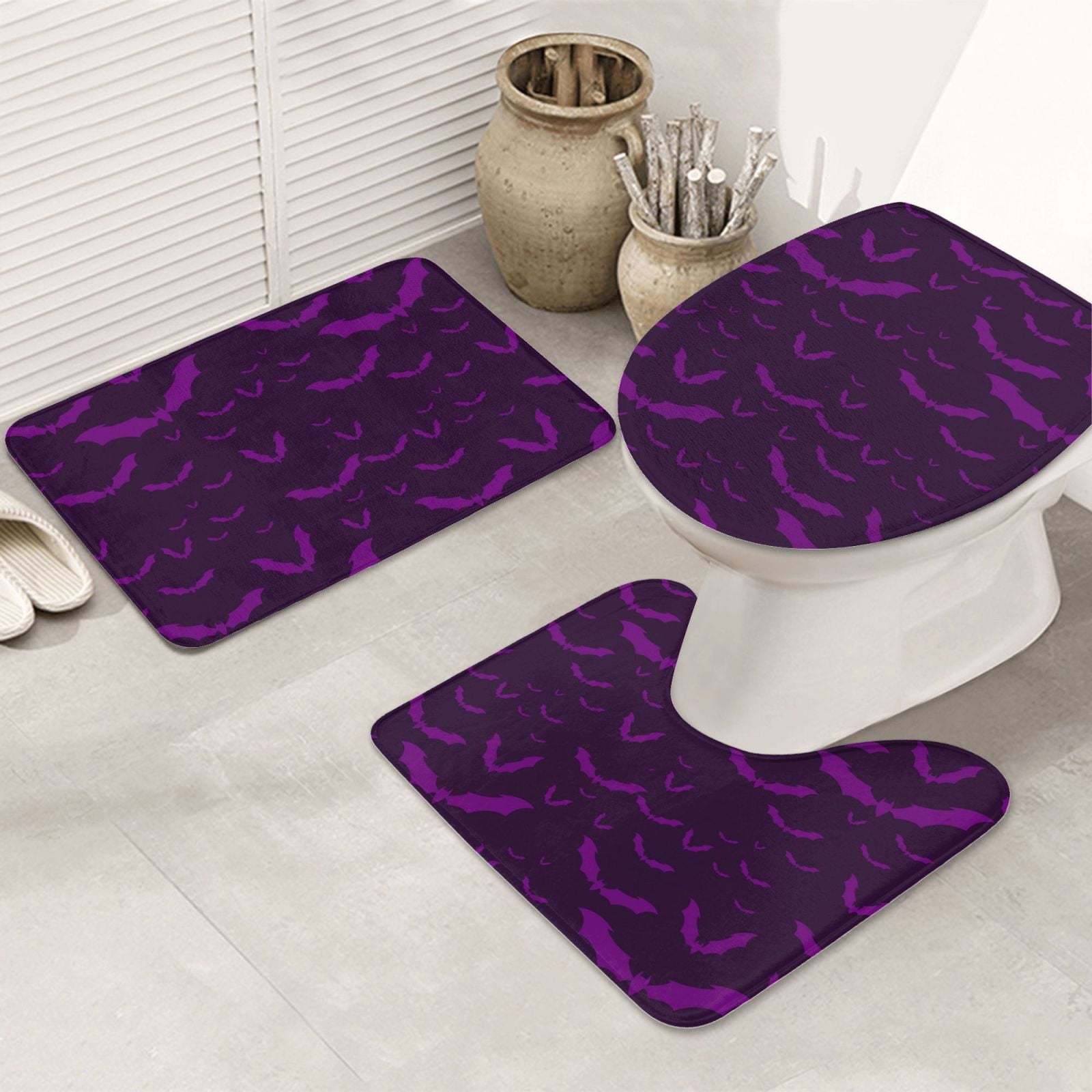 Bathroom Rugs Sets 3 Piece - bats Violet purple cool Absorbent Non Slip Bath Mats, U-Shape Toilet Lid Cover, Contour Mat, Soft Washable Shower Mats Bath Rug Mat for Bathroom Tub Toilet