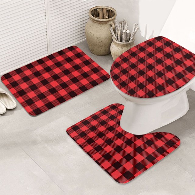Bathroom Rugs Sets 3 Piece black red buffalo plaid Checkered