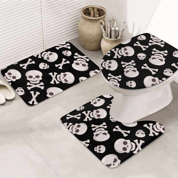 Bathroom Rugs Sets 3 Piece - black white Skull bone Absorbent Non Slip Bath Mats, U-Shape Toilet Lid Cover, Contour Mat, Soft Washable Shower Mats Bath Rug Mat for Bathroom Tub Toilet