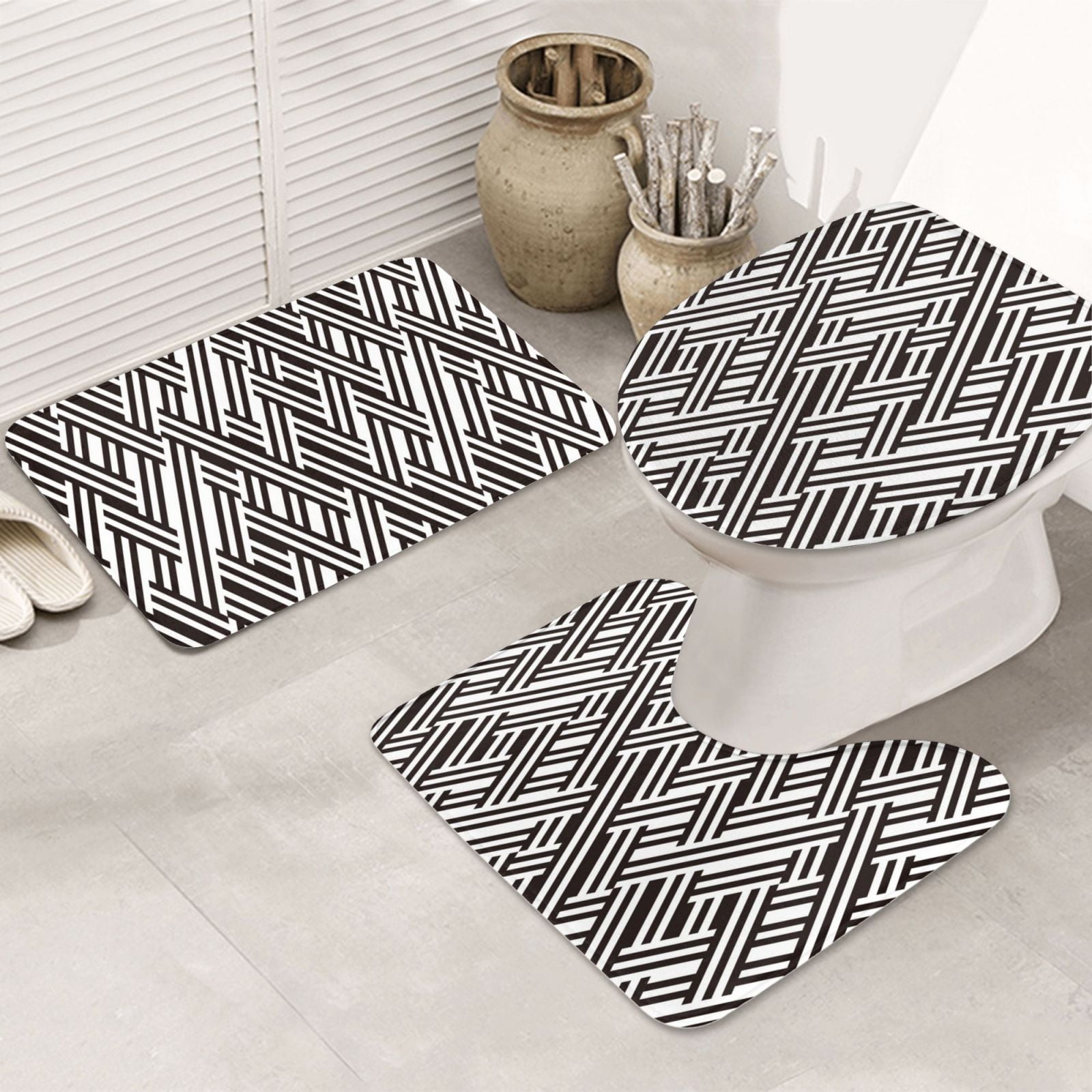 Bathroom Rugs Sets 3 Piece - black white stripes Absorbent Non Slip Bath Mats, U-Shape Toilet Lid Cover, Contour Mat, Soft Washable Shower Mats Bath Rug Mat for Bathroom Tub Toilet