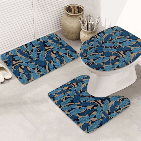 Bathroom Rugs Sets 3 Piece - blue leaves A Absorbent Non Slip Bath Mats, U-Shape Toilet Lid Cover, Contour Mat, Soft Washable Shower Mats Bath Rug Mat for Bathroom Tub Toilet