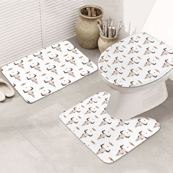 Bathroom Rugs Sets 3 Piece - boho cow skull Indian style Absorbent Non Slip Bath Mats, U-Shape Toilet Lid Cover, Contour Mat, Soft Washable Shower Mats Bath Rug Mat for Bathroom Tub Toilet