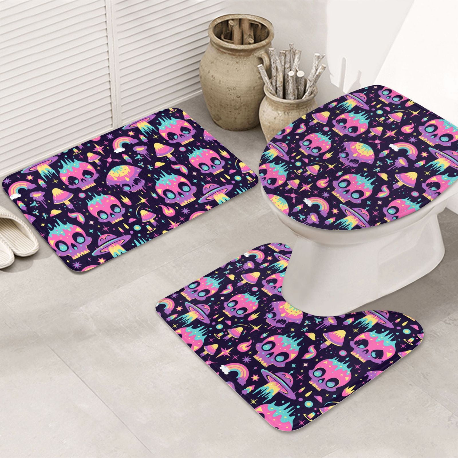 Bathroom Rugs Sets 3 Piece - cartoon Skull rainbow space Non Slip ...