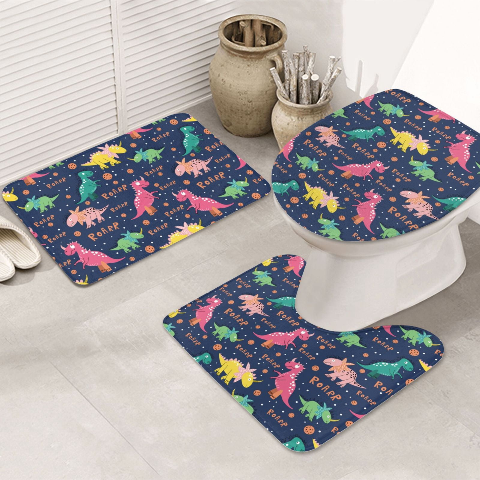 Bathroom Rugs Sets 3 Piece, colorful Dinosaur pink Bath Mats for Bathroom with Toilet Lid Cover ...