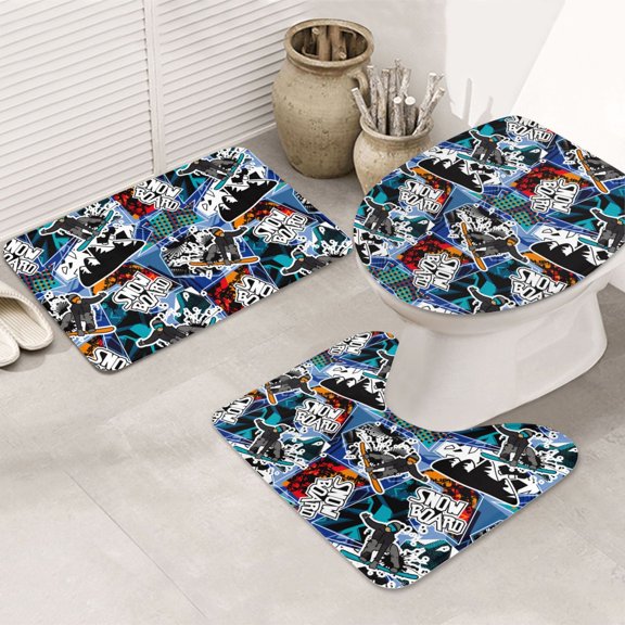 Bathroom Rugs Sets 3 Piece - colorful snow board Absorbent Non Slip Bath Mats, U-Shape Toilet Lid Cover, Contour Mat, Soft Washable Shower Mats Bath Rug Mat for Bathroom Tub Toilet