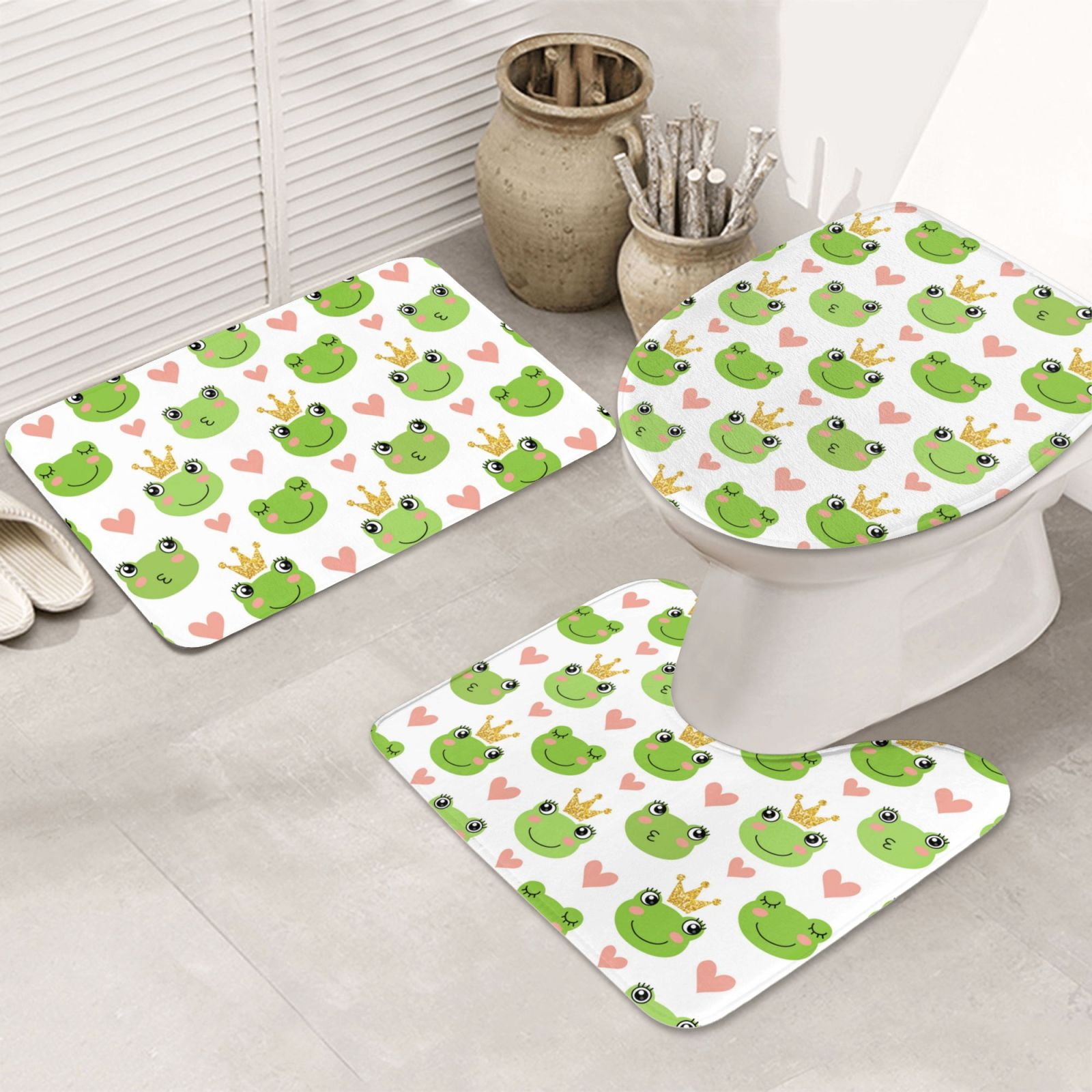 Bathroom Rugs Sets 3 Piece cute frogs crowns funny Absorbent Non Slip