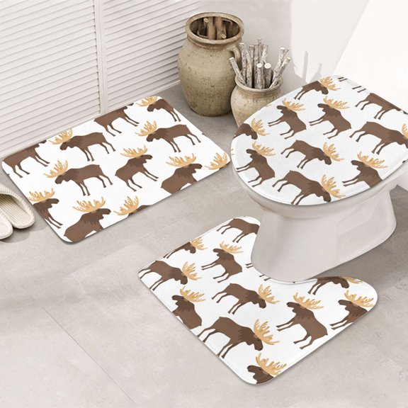 Bathroom Rugs Sets 3 Piece - cute moose horns elk cartoon Absorbent Non Slip Bath Mats, U-Shape Toilet Lid Cover, Contour Mat, Soft Washable Shower Mats Bath Rug Mat for Bathroom Tub Toilet