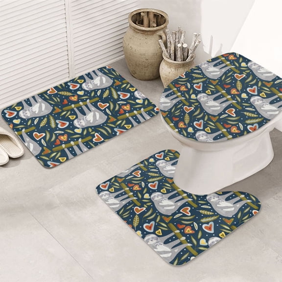 Bathroom Rugs Sets 3 Piece - cute sloth A Absorbent Non Slip Bath Mats, U-Shape Toilet Lid Cover, Contour Mat, Soft Washable Shower Mats Bath Rug Mat for Bathroom Tub Toilet
