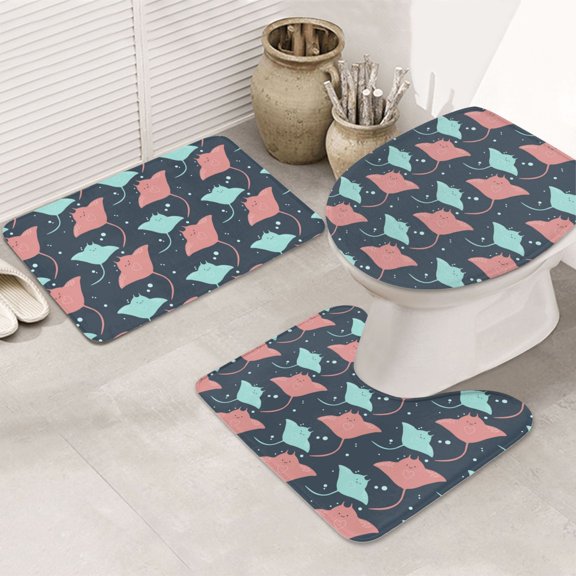 Bathroom Rugs Sets 3 Piece - cute stingrays polka dots Absorbent Non Slip Bath Mats, U-Shape Toilet Lid Cover, Contour Mat, Soft Washable Shower Mats Bath Rug Mat for Bathroom Tub Toilet
