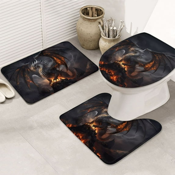 Bathroom Rugs Sets 3 Piece - fire black dragon Absorbent Non Slip Bath Mats, U-Shape Toilet Lid Cover, Contour Mat, Soft Washable Shower Mats Bath Rug Mat for Bathroom Tub Toilet