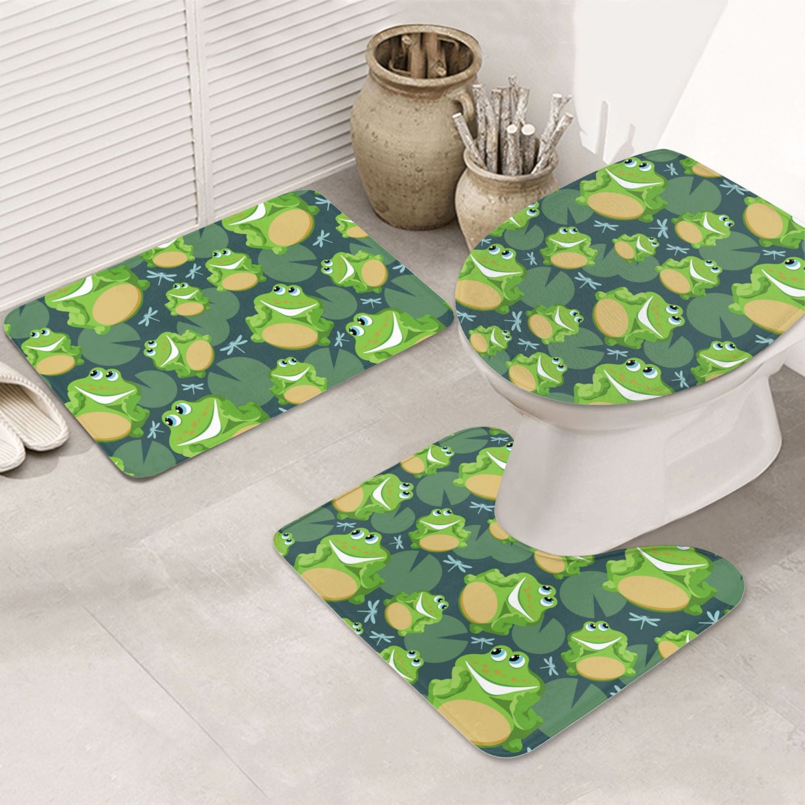 Bathroom Rugs Sets 3 Piece frogs dragonfly leaves green cute Non Slip