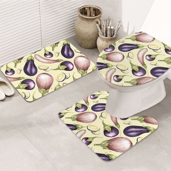 Bathroom Rugs Sets 3 Piece - funny Eggplant Absorbent Non Slip Bath Mats, U-Shape Toilet Lid Cover, Contour Mat, Soft Washable Shower Mats Bath Rug Mat for Bathroom Tub Toilet