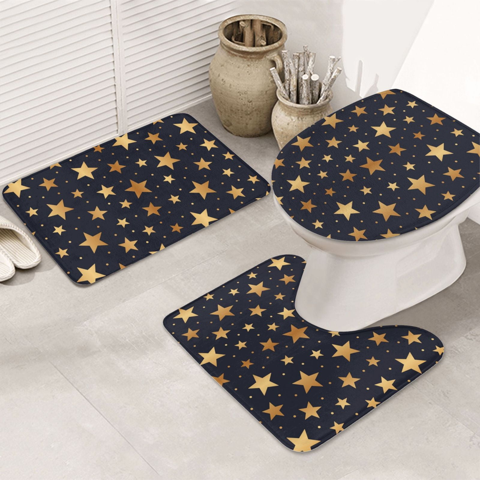 Bathroom Rugs Sets 3 Piece - gold glitter star Non Slip Washable Bath ...