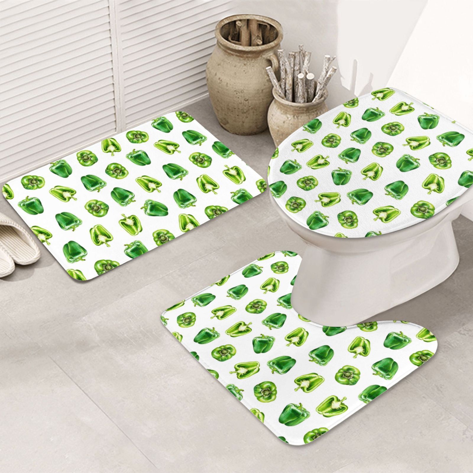 Bathroom Rugs Sets 3 Piece green Bell Pepper Absorbent Non Slip Bath