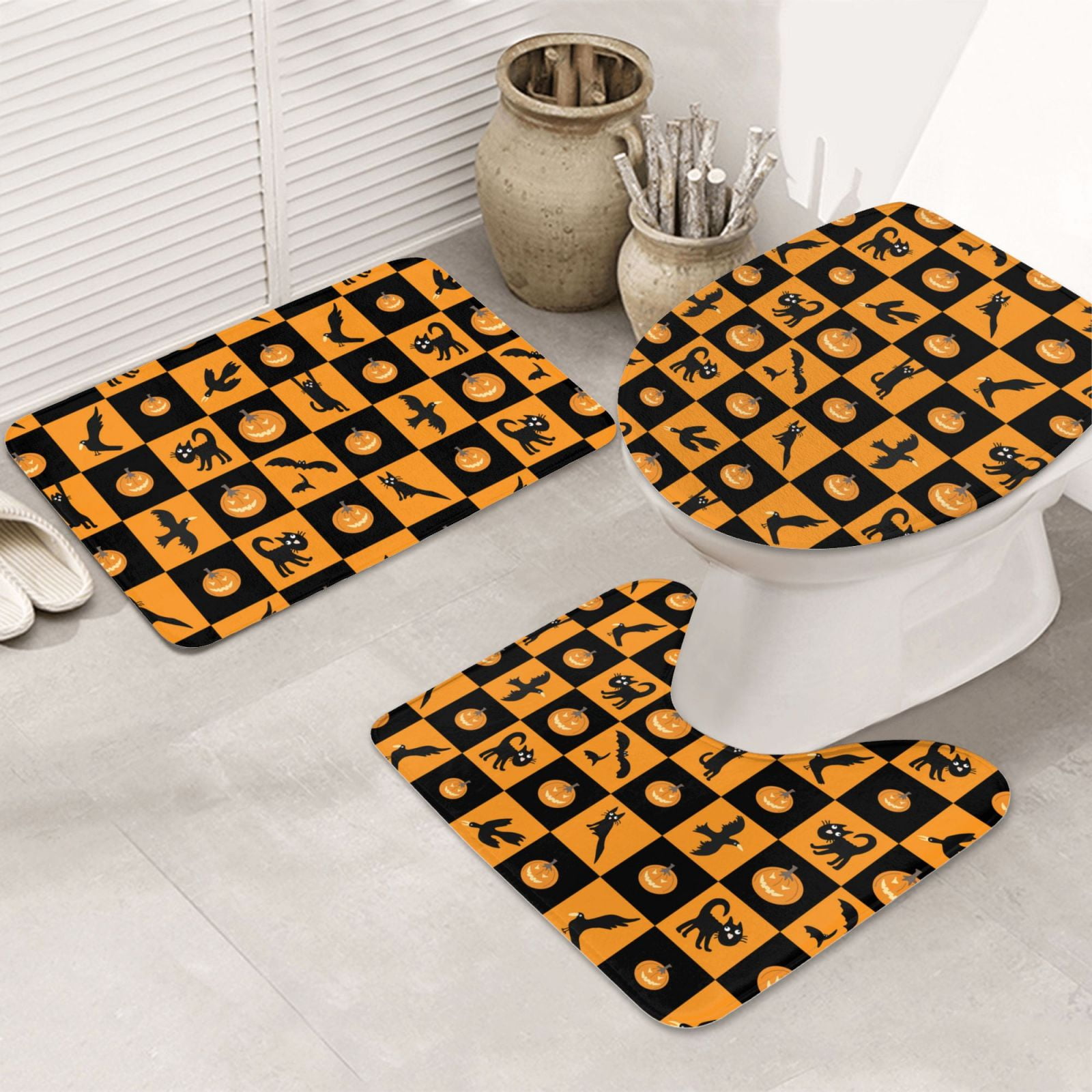 Bathroom Rugs Sets 3 Piece, halloween pumpkins crow cat Cute Bath Mats