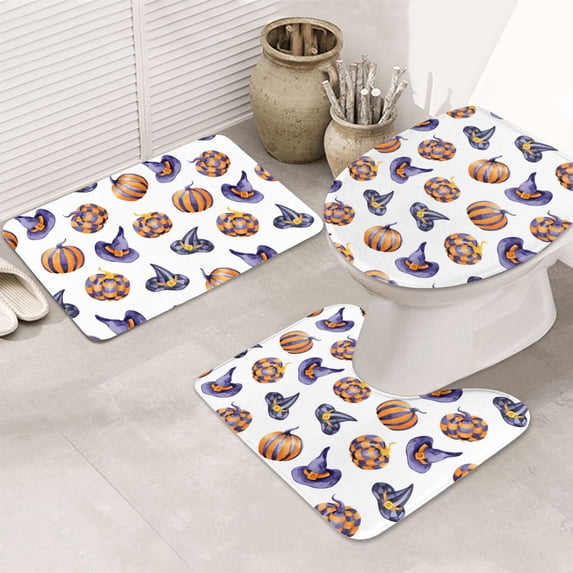 Bathroom Rugs Sets 3 Piece - halloween pumpkins hat print Absorbent Non Slip Bath Mats, U-Shape Toilet Lid Cover, Contour Mat, Soft Washable Shower Mats Bath Rug Mat for Bathroom Tub Toilet
