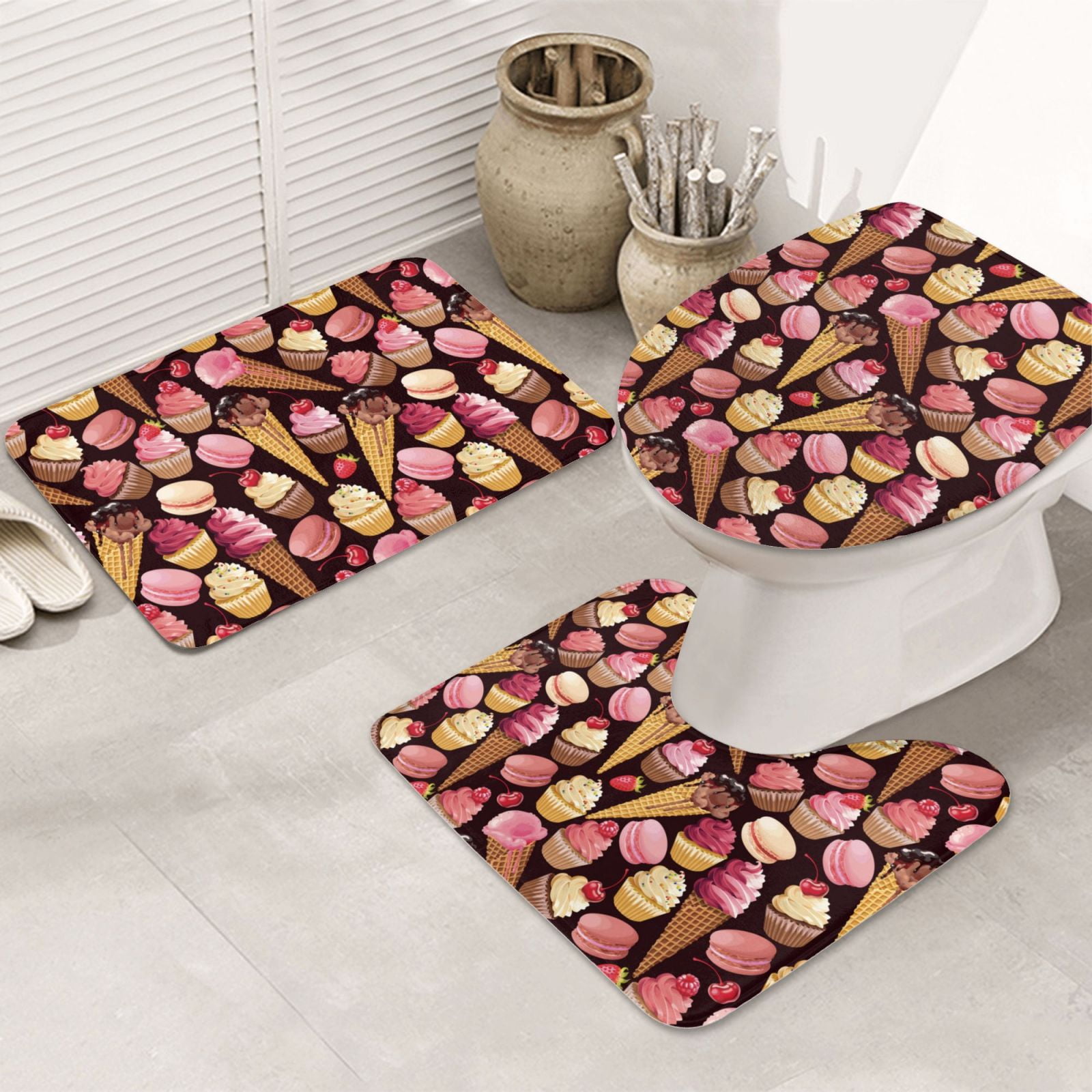 Bathroom Rugs Sets 3 Piece ice cream cake Non Slip Washable Bath Mats