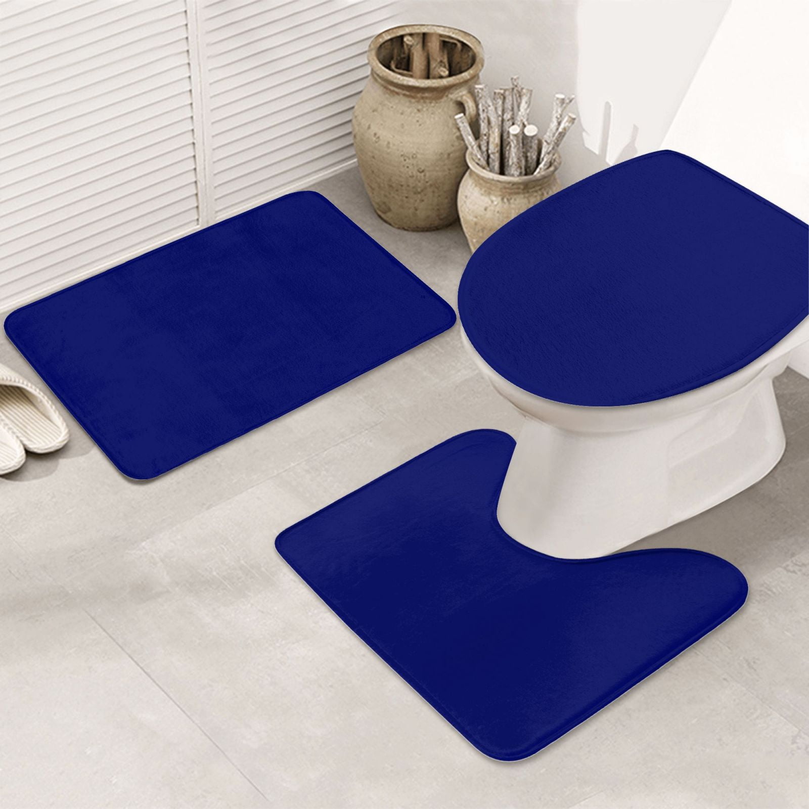 Bathroom Rugs Sets 3 Piece - navy-blue Absorbent Non Slip Bath Mats, U-Shape Toilet Lid Cover, Contour Mat, Soft Washable Shower Mats Bath Rug Mat for Bathroom Tub Toilet