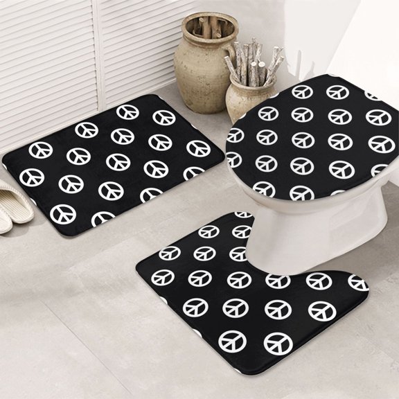 Bathroom Rugs Sets 3 Piece - peace sign boho style black Absorbent Non Slip Bath Mats, U-Shape Toilet Lid Cover, Contour Mat, Soft Washable Shower Mats Bath Rug Mat for Bathroom Tub Toilet