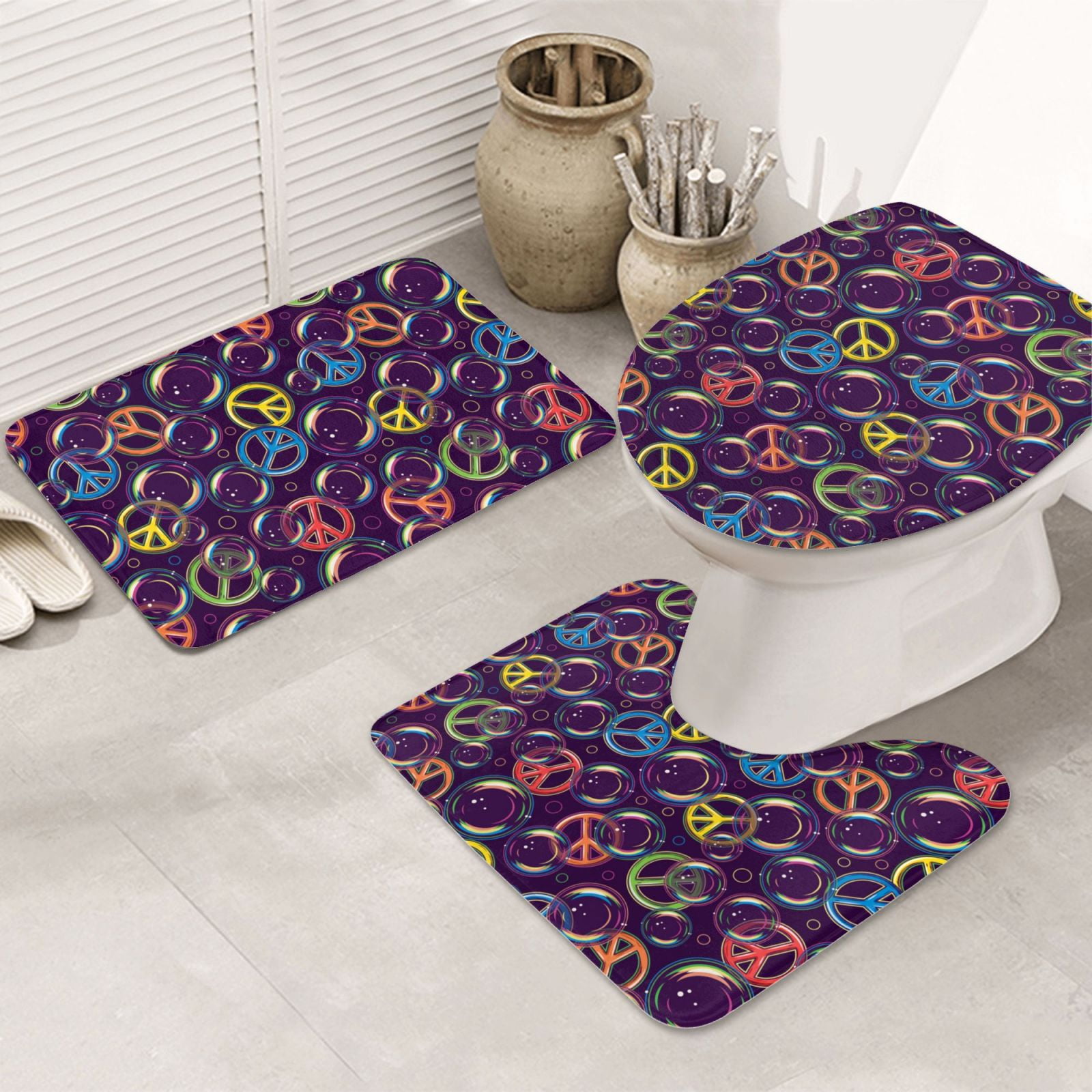 Bathroom Rugs Sets 3 Piece - peace sign bubbles dark purple Absorbent Non Slip Bath Mats, U-Shape Toilet Lid Cover, Contour Mat, Soft Washable Shower Mats Bath Rug Mat for Bathroom Tub Toilet
