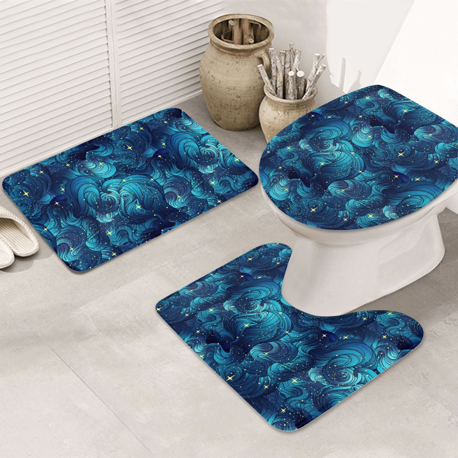Bathroom Rugs Sets 3 Piece - shiny star navyblue wave Absorbent Non Slip Bath Mats, U-Shape Toilet Lid Cover, Contour Mat, Soft Washable Shower Mats Bath Rug Mat for Bathroom Tub Toilet