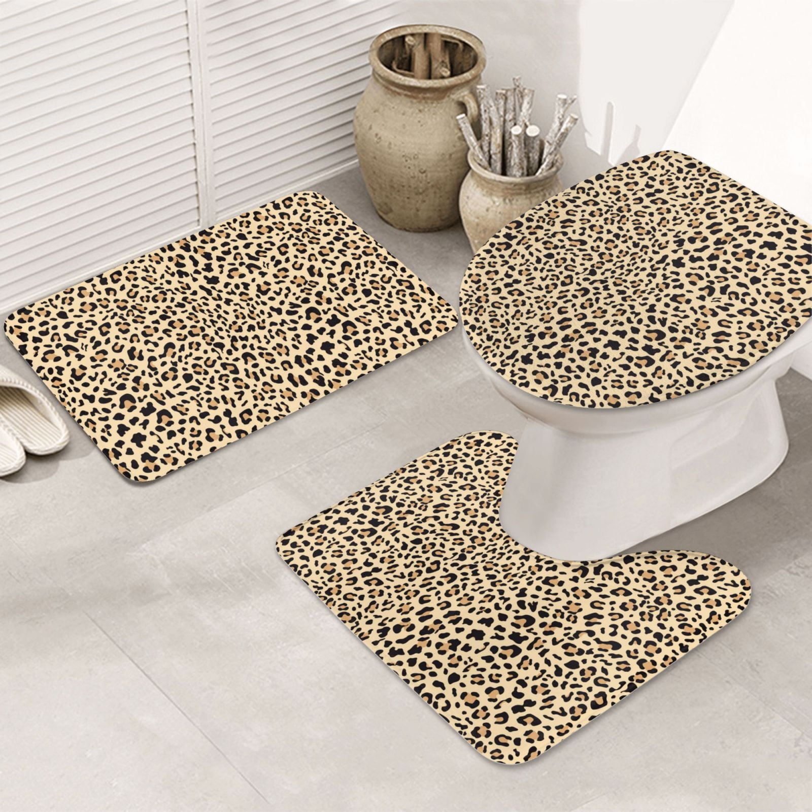 Bathroom Rugs Sets 3 Piece trendy Leopard pattern Non Slip Washable