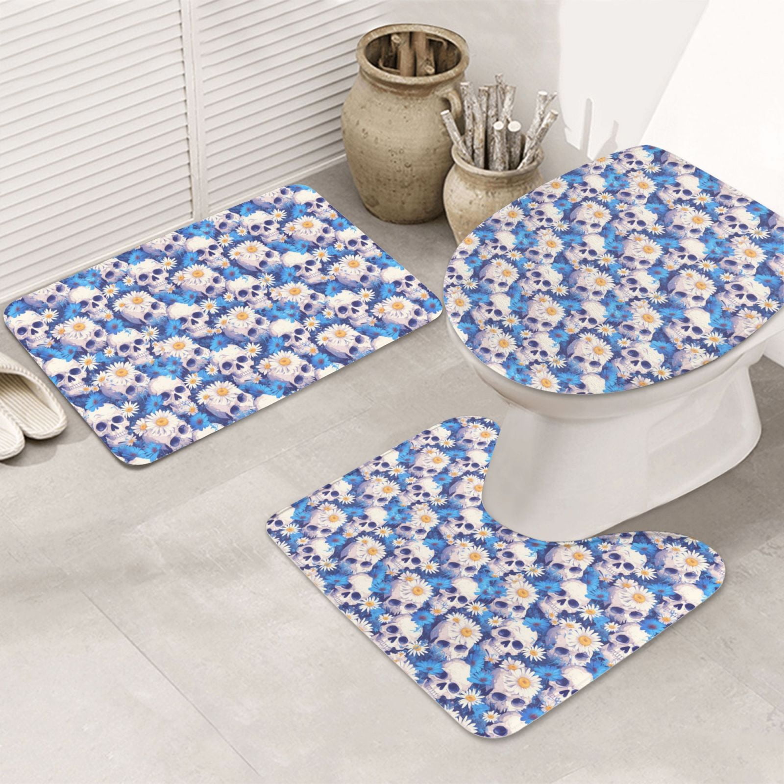 Bathroom Rugs Sets 3 Piece, white Skull blue daisy Soft Bath Mats for