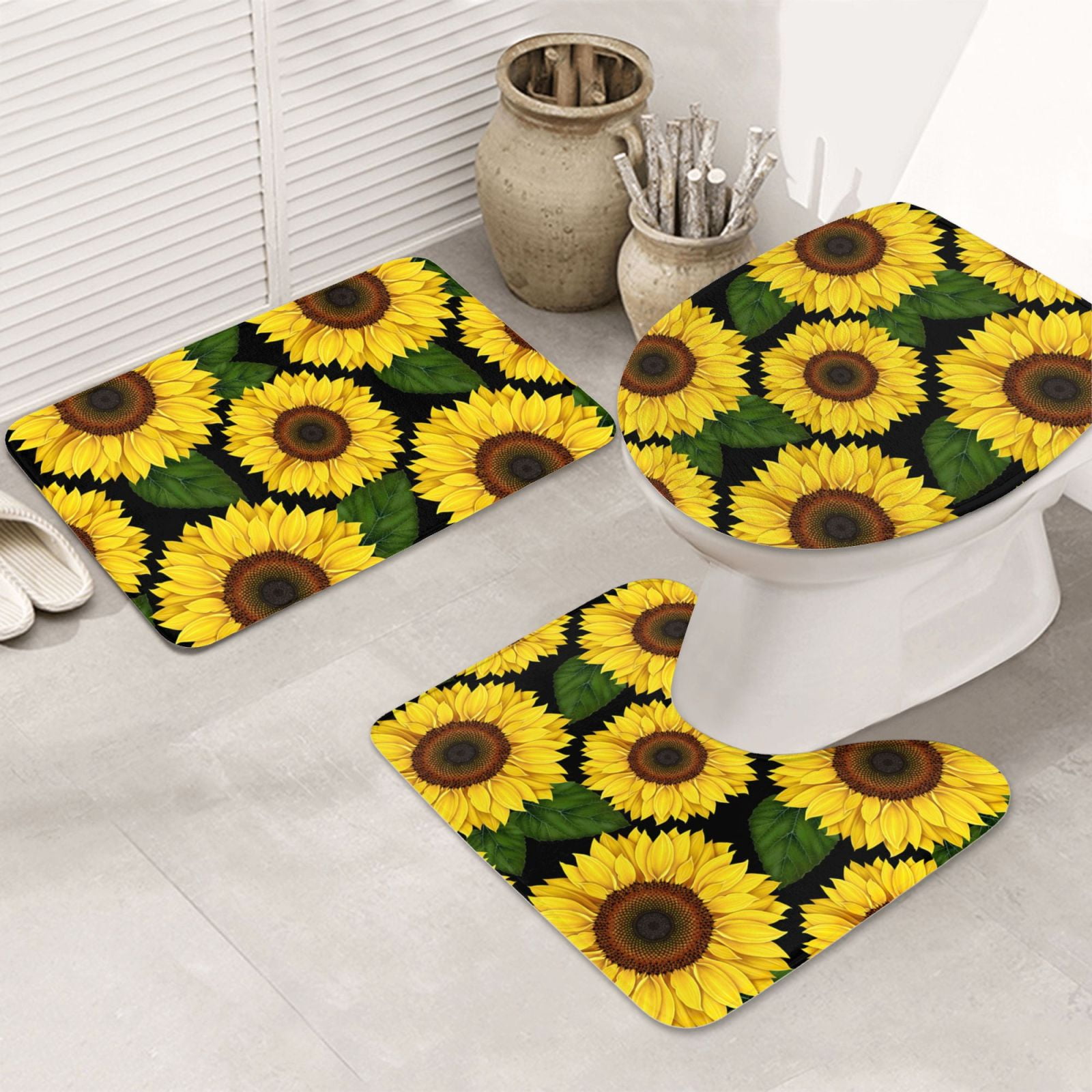 Bathroom Rugs Sets 3 Piece - yellow Sunflower Realistic Aesthetic Absorbent Non Slip Bath Mats, U-Shape Toilet Lid Cover, Contour Mat, Soft Washable Shower Mats Bath Rug Mat for Bathroom Tub Toilet