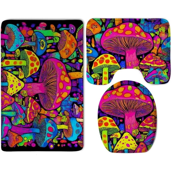 Bathroom Rugs Sets 3 Pieces Trippy Mushroom Magic World Art Floor Mat, Absorbent Quick Drying U-Shaped Contour Mat Toilet Lid Cover