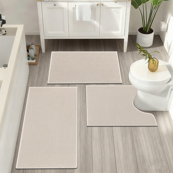 Bathroom Rugs Sets 3 Pieces, Ultra Thin Bath Mats Fit Under Door, Absorbent Quickly Dry Rubber Backing Braided Bath Mat Set