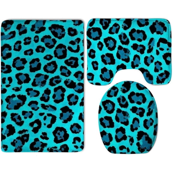 Bathroom Rugs Sets 3 Pieces, Washable U Shaped Toilet Rug Absorbent Memory Foam Bath Mat Cheetah Blue and Black Leopard Print Contour Mat