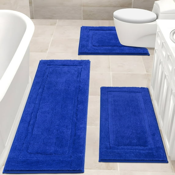 Bathroom Rugs Sets 3, Yamaziot Non Slip Bath Runners, Washable Soft Shaggy Plush Absorbent Microfiber Shower Rug with Toilet Floor Mat, Solid Blue