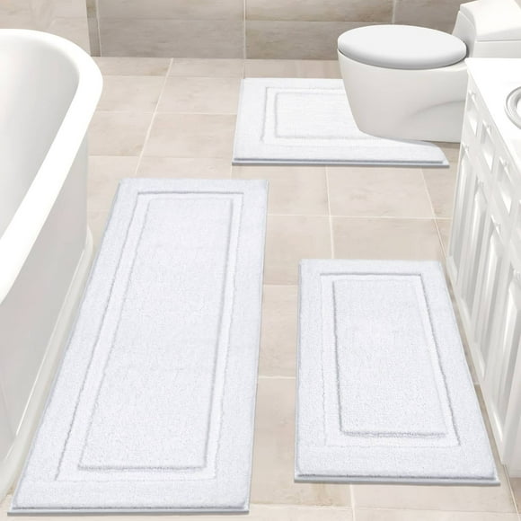 Bathroom Rugs Set 3, Yamaziot Non Slip Bath Runners, Washable Soft Shaggy Plush Absorbent Microfiber Shower Rug with Toilet Floor Mat, Solid White