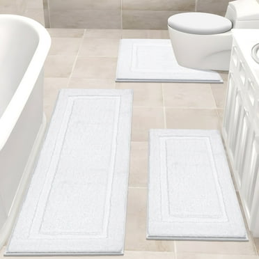Bathroom Rugs Sets 3, Yamaziot Non Slip Bath Runners, Washable Soft Shaggy Plush Absorbent Microfiber Shower Rug with Toilet Floor Mat, Solid White