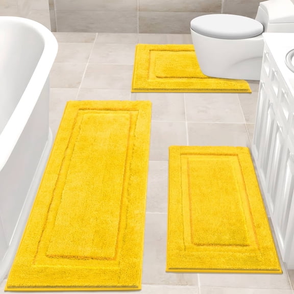 Bathroom Rugs Set 3, Yamaziot Non Slip Bath Runners, Washable Soft Shaggy Plush Absorbent Microfiber Shower Rug with Toilet Mat, Fall Yellow