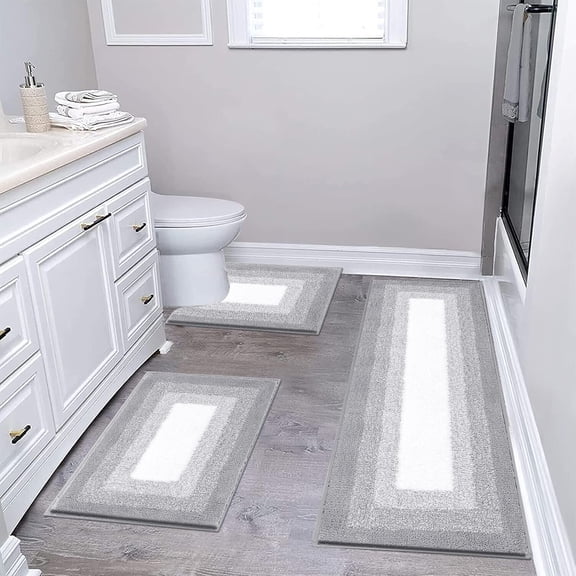 Bathroom Rugs Sets 3 count, Non-Slip Absorbent Bath Mats, Plush Shaggy Microfiber Bath Rug with U-Shaped Contour Toilet Mat Machine Washable, Light Grey