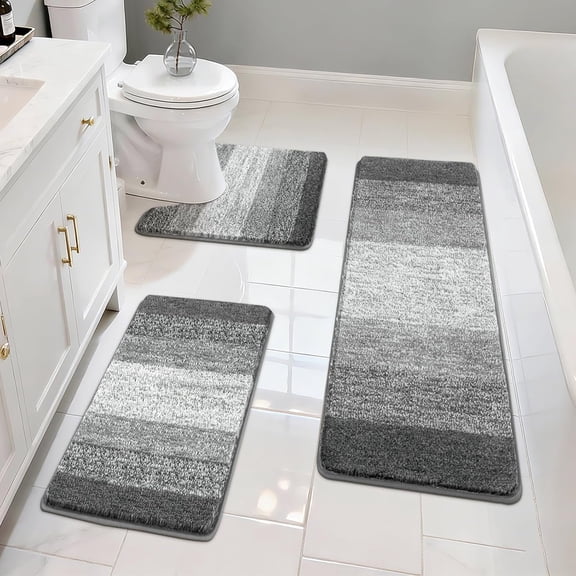 Bathroom Rugs Set 3 count Non Slip Washable, Microfiber Absorbent Bath Mat Floor Carpet Extra Soft, Quick Dry Shower Rug U-Shaped Contour Toilet Mats, Grey