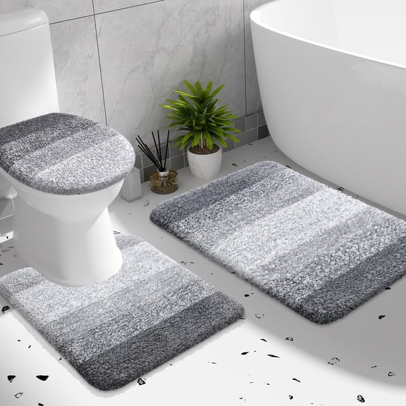 Bathroom Rugs Sets 3 piece, Soft Microfiber Absorbent Bath Mat, U-Shaped Contour Toilet Mat and Toilet Lid Cover, Quick Dry, Machine Washable, Toilet Cover and Rug Set for Bathroom, Grey