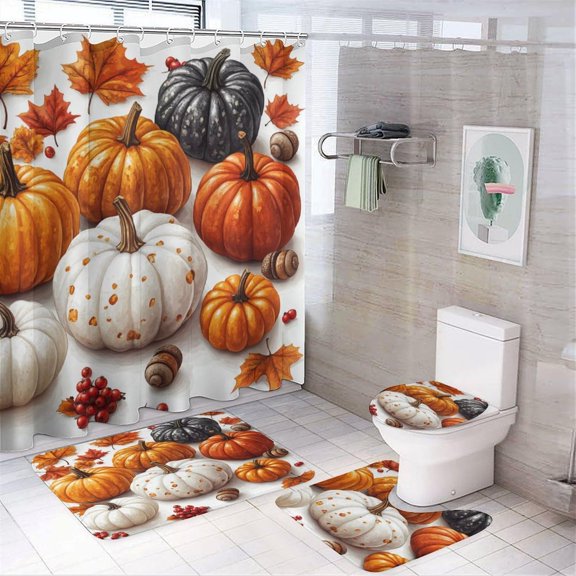 Bathroom Rugs Sets 4 Piece with Shower Curtain, Autumn Botanicals Pattern Printed on Modern Shower Curtains for Bathroom Set, Great for Master Bath Beach House Modern Home, 72 x 72 inches