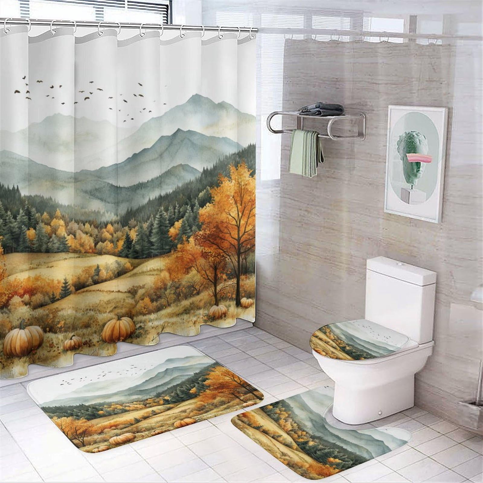 Angled Shower Rugs Bathroom Rugs Sets 4 Piece with Shower Curtain, Autumn Landscape ...