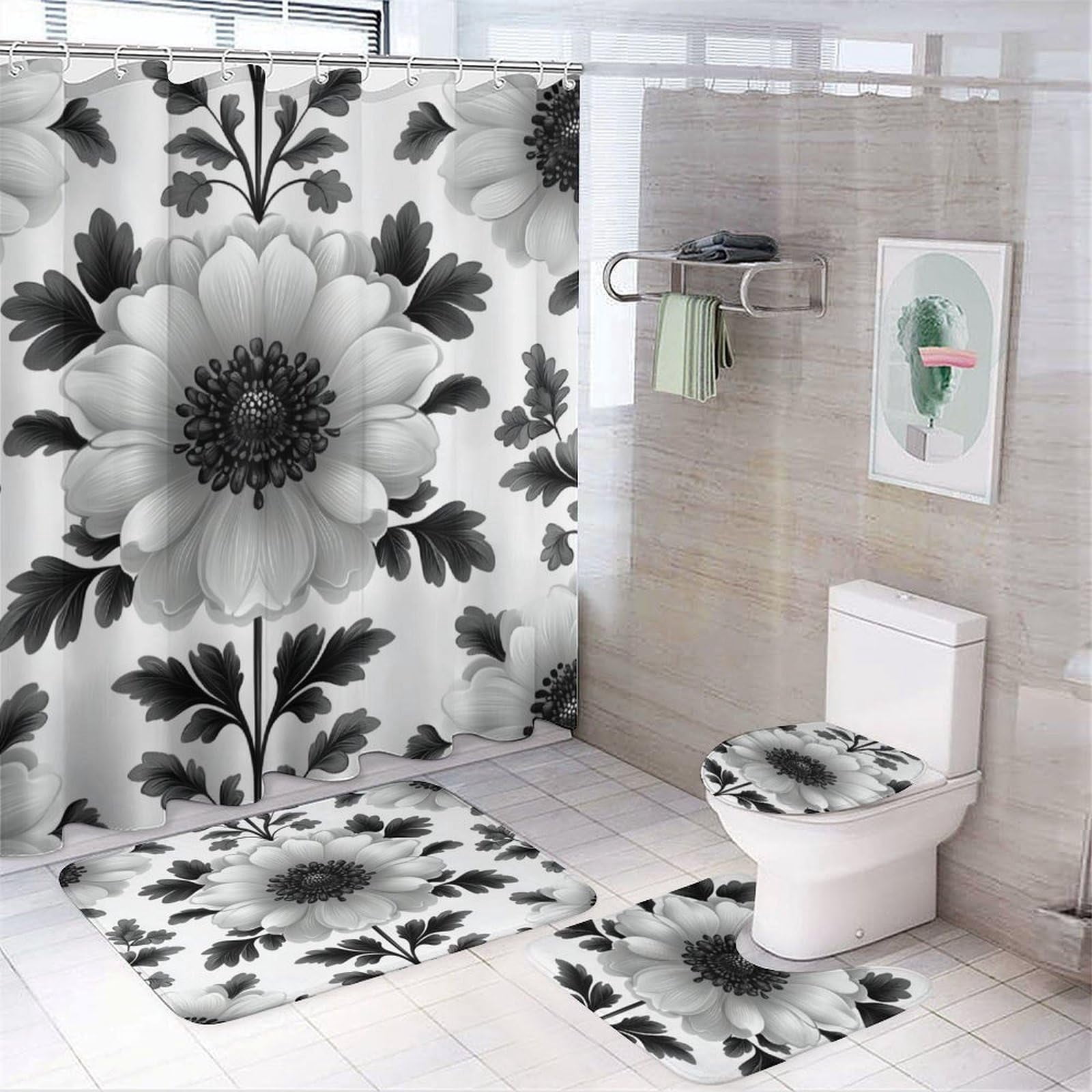 Bathroom Rugs Sets 4 Piece with Shower Curtain, Autumn Leaf Pattern ...