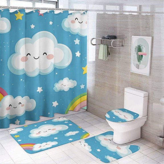 Bathroom Rugs Sets 4 Piece with Shower Curtain, Baby Blue Cloud Rainbow Pattern Printed on Modern Shower Curtains for Bathroom Set, Great for Master Bath Beach House Modern Home, 72" x 72"
