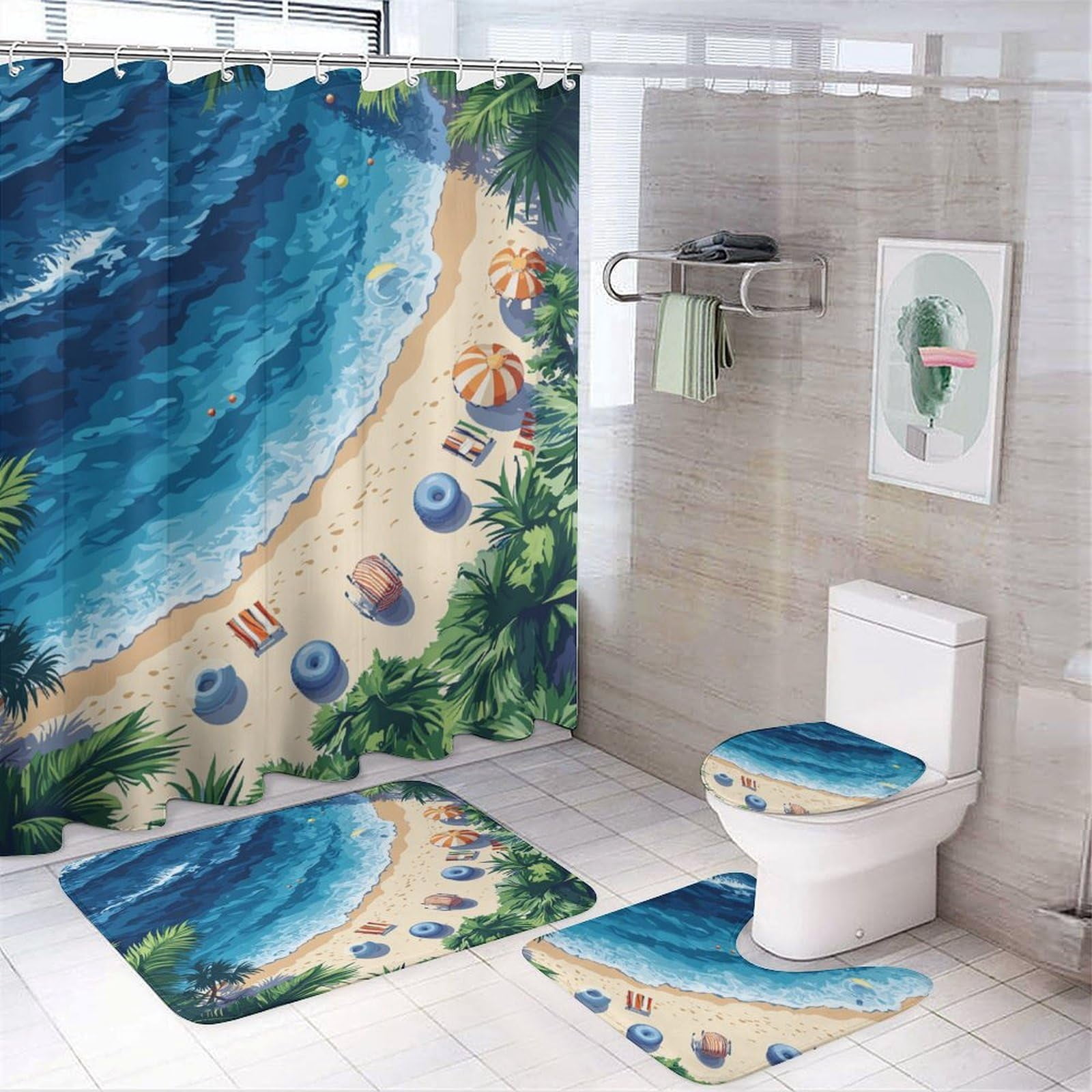 Bathroom Rugs Sets 4 Piece with Shower Curtain, Beach Treasures Pattern ...